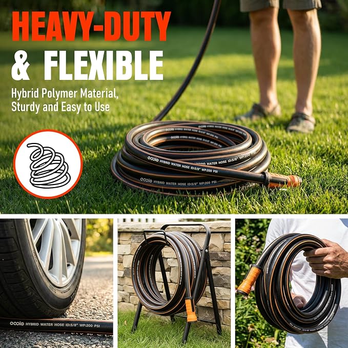 Garden Hose 75 ft x 5/8", Heavy Duty Water Hose, Flexible and Durable, Kink Resistant Lightweight Hybrid Hose, Leakproof Yard Hose with Male to Female Fittings