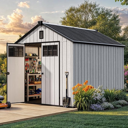 YITAHOME 8x10 FT Outdoor Storage Shed with Floor, Extra Thick Plastic Garden Shed for Bikes, Tools and Pool Supplies, Resin Storage Shed with Door, Window Insert & Vents for Patio Lawn Backyard, Gray