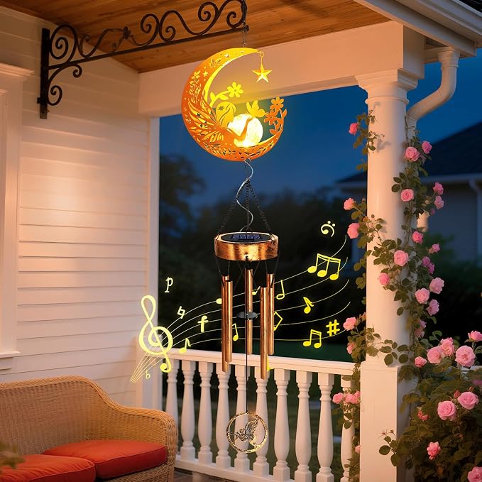 Solar Moon Fairy Wind Chimes, Moon Gifts Mothers Day for Mom Women Men Sympathy Birthday, Hanging Outdoor Decor Cracked Glass Ball Memorial Large Wind Chimes for Garden Patio Porch