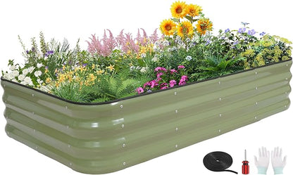 4-in-1 Modular Raised Garden Bed Kit - Adjustable Sizes (5x3x1ft, 4x4x1ft, 6x2x1ft, 7x1x1ft) - Heavy Duty Galvanized Steel Planter Box with Bracing Rods & Gloves for Vegetables, Fruits