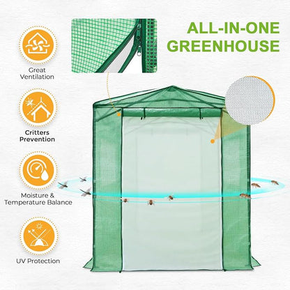 EAGLE PEAK 8x6 Portable Walk in Greenhouse, Pop Up Indoor Outdoor Greenhouse, Green House Kit with Zippered Roll-Up Doors and Windows + Mesh Lined Door, PE Cover, Clear/Green