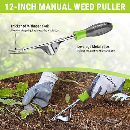 WORKPRO 3-Piece Weed Puller Tool Set | 15" 6-Tine Weed Remover, 12" Hand Weeder, 12.5" Crack Weeder, Stainless Steel with Ergonomic Handle for Lawn, Garden, Yard