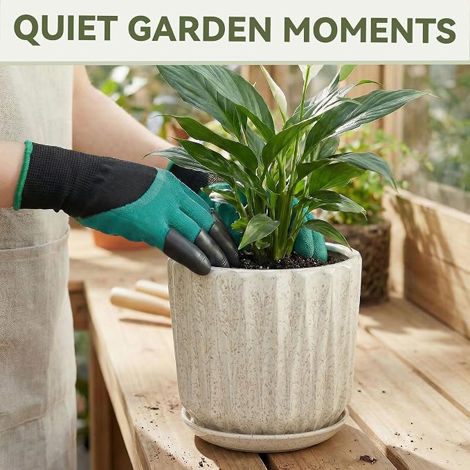 10 Inch Ceramic Planter Pot with Saucer Drainage Leak-Proof Mesh,Flower Pots for Indoor Plants with Gardening Gloves,Ceramic Planter(Silk White)