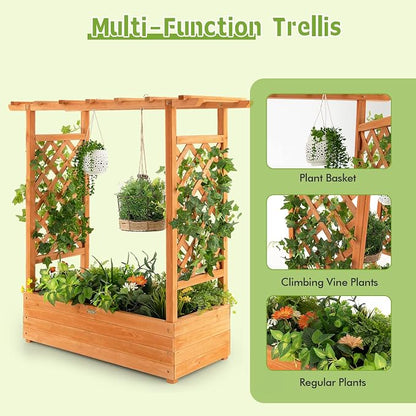 ORALNER Raised Garden Bed with Trellis, Wooden Planter Box with Climbing Frame, Outdoor Elevated Garden Box for Vegetables, Herbs, Flowers, Fruits (Small)