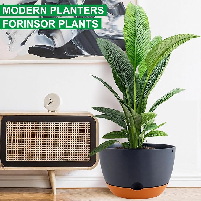 Nooulap 12/10/8/8 Inch Pots for Plants, 4 Pack Large Self Watering Pots for Indoor Plants with Drainage and Saucers, Plastic Outdoor Flower Pot(Grey)
