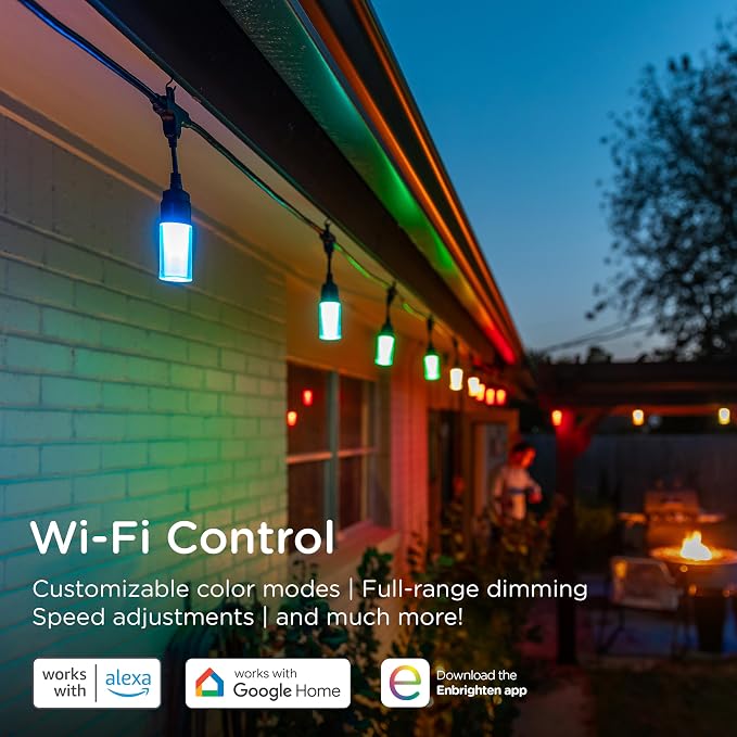 Enbrighten Vibe Modern Outdoor String Lights, 24ft, 12 RGBWIC Acrylic Bulbs, Weatherproof, Perfect for Gameday, Holidays, and More, Smart App Control, Compatible with Alexa, Google Home, 84014