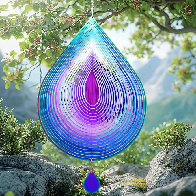 Stainless Steel Wind Spinner Outdoor Garden Decor, Gifts for Women Mom, 3D Metal Reflective Hanging Wind Spinners Sculpture for Outside Patio Garden Yard Porch Decorations (Colorful Droplet, 12 Inch)