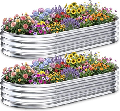 Galvanized Raised Garden Bed Outdoor, 6x3x1ft(2 Pack) Metal Heavy Duty Planter Boxes for Gardening, Easy Assemble Large Oval Plant Container Kit for Vegetables, Flowers, Fruits, Silver