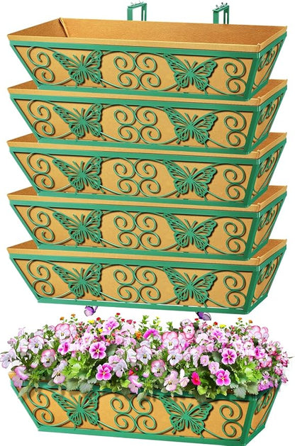 6 Pack 24 Inch Window Boxes Planters Railing Planter Box with Adjustable Brackets for Porch Fence Patio Balcony Hanging Flower Baskets with Woven Fabric for Outdoor Garden Decor - Green