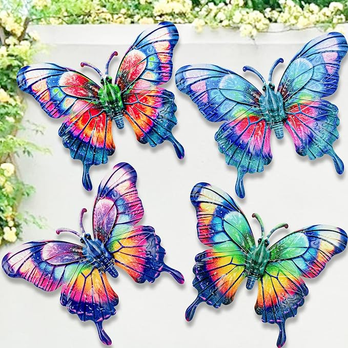 SUNREEK 4Pcs Metal Butterfly Wall Decor, 9 Inches Butterfly Outdoor Wall Art for Fence Garden Yard Room Patio Balcony