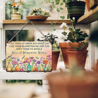PEACHGARDEN Vintage Dragonfly Tin Sign What A Wonderful World Outdoor Garden Decor Gifts for Women House Kitchen Entryway Wall Art 8x12inch