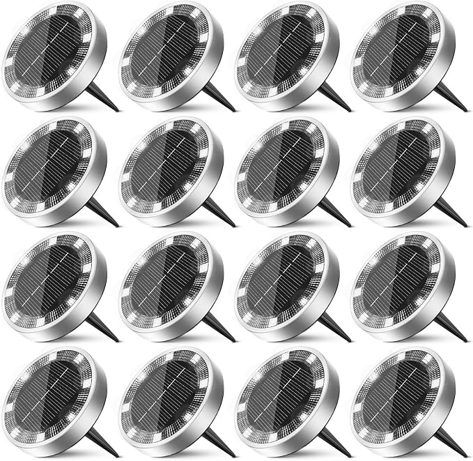 16 Pack Solar Ground Lights Outdoor, 8 LED Mini Flat Solar Disc Lights, IP65 Waterproof Pathway Lights Solar Powered, Landscape Lighting for Garden Walkway Driveway Yard Lawn,Cool White