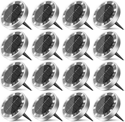 16 Pack Solar Ground Lights Outdoor, 8 LED Mini Flat Solar Disc Lights, IP65 Waterproof Pathway Lights Solar Powered, Landscape Lighting for Garden Walkway Driveway Yard Lawn,Cool White