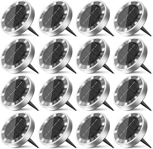 16 Pack Solar Ground Lights Outdoor, 8 LED Mini Flat Solar Disc Lights, IP65 Waterproof Pathway Lights Solar Powered, Landscape Lighting for Garden Walkway Driveway Yard Lawn,Cool White