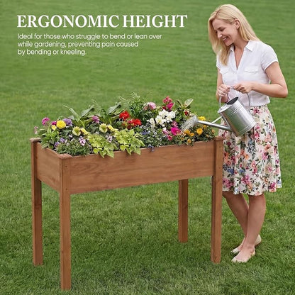 DUMOS Raised Garden Bed 48x24x30 Inch, Outdoor Planter Box with Legs, Elevated Wood Garden Bed with Liner for Herbs Flowers Vegetables, Wooden Planter Box for Patio, Balcony and Backyard, Brown