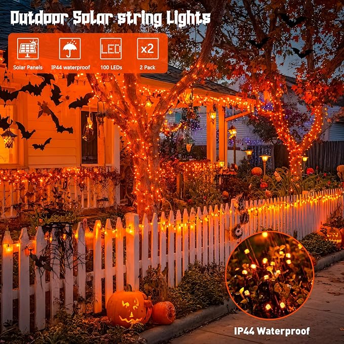 JMEXSUSS 2 Pack Solar Halloween Lights, Total 200 LED 66 FT, Orange | Halloween Lights Outdoor Waterproof, 8 Modes Solar String Lights for Outside Patio Christmas Tree Yard Halloween Decor