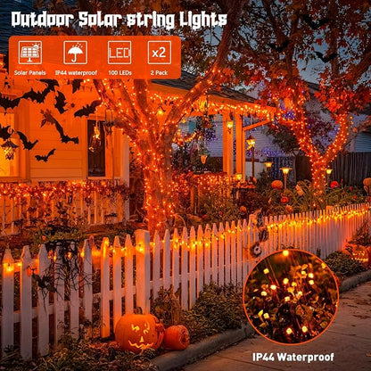 JMEXSUSS 2 Pack Solar Halloween Lights, Total 200 LED 66 FT, Orange | Halloween Lights Outdoor Waterproof, 8 Modes Solar String Lights for Outside Patio Christmas Tree Yard Halloween Decor