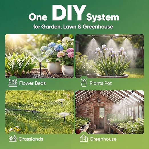 Drip Irrigation System Kit, 230FT Garden Watering System with 33FT 1/2" Main Line and 197FT 1/4" Drip Line, Adjustable Emitters and Quick-Connect Fittings for Raised Beds, Lawn, Greenhouse