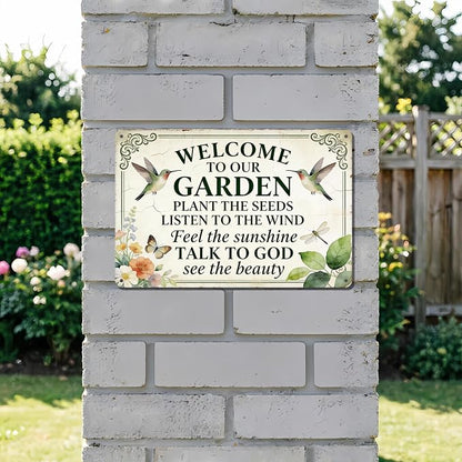 Funny Garden Metal Signs, Vintage Outdoor Wall Decor 8x12 Inch | Welcome To Our Garden Sign, Weatherproof Aluminum Sign for Patio Yard Greenhouse, Gift For Gardeners