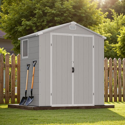 Greesum 6x4FT Plastic Outdoor Storage Shed with Floor, Resin Sheds with Lockable Double Door, Tool Sheds with Window & Vents, for Garden, Yard, Patio, Light Gray
