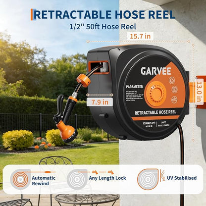 Garvee Retractable Garden Hose Reel, 1/2 Inch x 50 ft Wall Mounted Heavy Duty Garden Hose Reel with 10 Patterns Nozzle, Any Length Lock, Upgraded Slow Return System and 180°Swivel Bracket