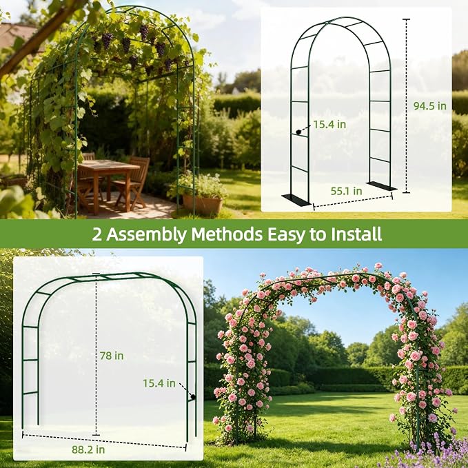 Thickened Metal Garden Arch with Detachable Base, 16mm Rust-Resistant Archway for Climbing Plants, Dual Size Convertible Arbor for Wedding & Party & Garden Decoration