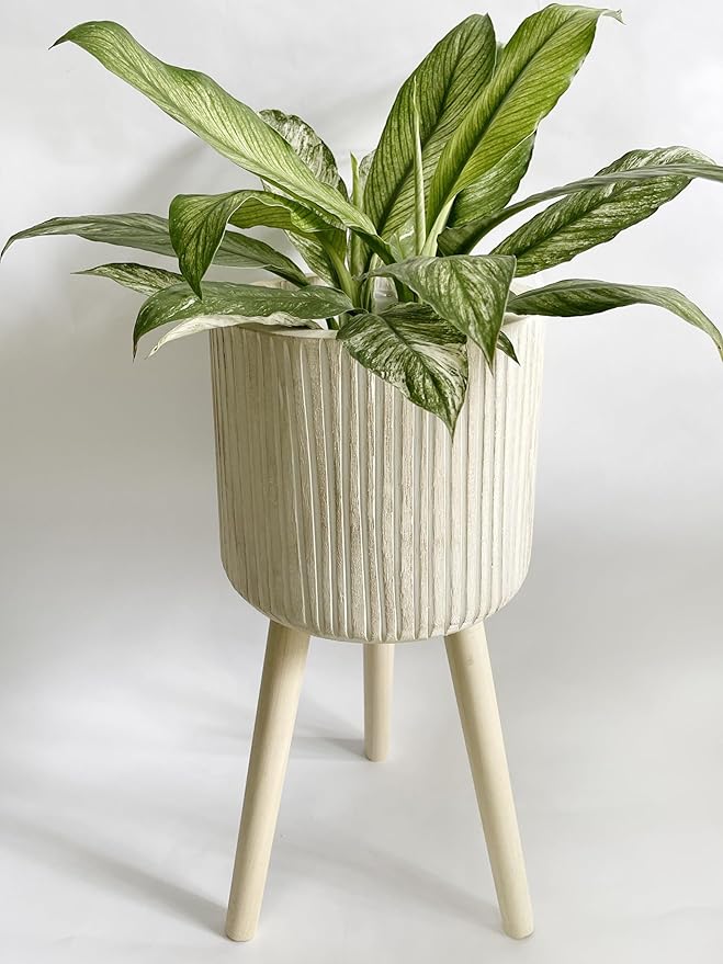 RISEON Handmade Mid Century Modern Wood Planter, Rustic Indoor Flower Pot Plant Stand,Large Floor Planter (Large B)