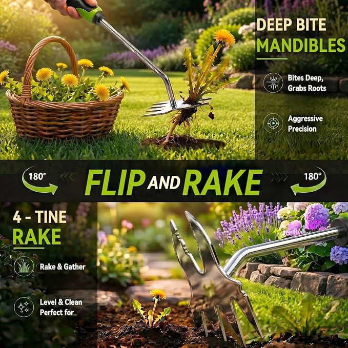 Weed Puller Tool, 2-in-1 Hand Weeder and Root Remover, Heavy Duty Stainless Steel Weeding Tool for Deep Roots, Ergonomic Garden Weed Pulling Tool for Lawn and Yard - Green