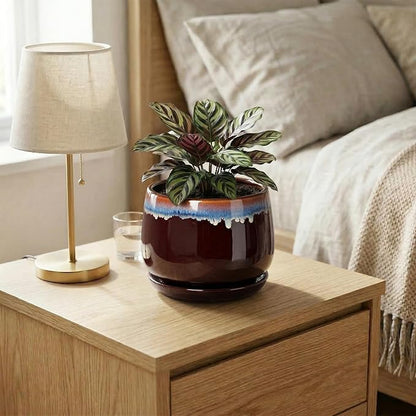 Ceramic Plant Pots - 6 Inch Planter with Drainage Hole and Saucer, Small Succulent Pot for Indoor Plants, Round Decorative Flower Pots, Garden Shelf Decor, Plant Gifts for Women, Brown-Blue