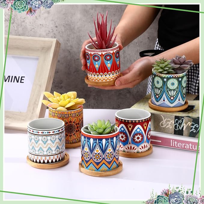 Zopeal 6 Pcs 3 Inch Succulent Pots Succulent Planters Cylinder Ceramic Pots Mandala Multicolor Cactus Pot with Drainage Holes and Bamboo Trays for Indoor Plants Flowers Garden Decoration (Core)