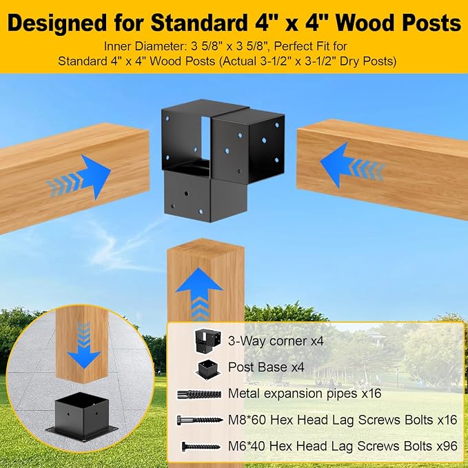 8PCS 4x4 Post Bracket, 4x4 Brackets for pergola kit, Deer Stand, Outdoor Platform, Play Sets, Tree House, Pergola Brackets 3-Way Right Angle Corner Bracket Woodworks DIY Post Base Kit