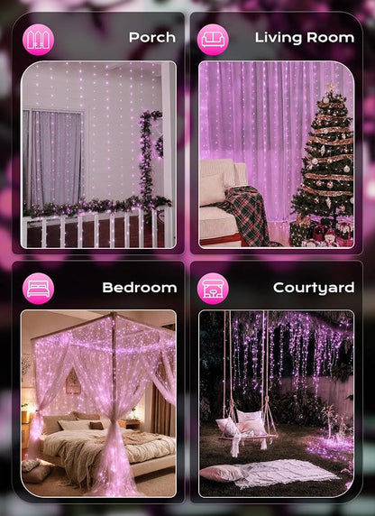 Brightown 300 LED Pink Fairy Curtain Lights, 9.8ft x 9.8ft String Lights | USB Plug in 8 Lighting Modes Christmas String Hanging Lights with Remote for Bedroom Indoor Outdoor Xmas Valentine's Day