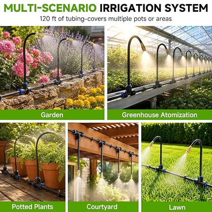 120FT Drip Irrigation System for Garden, 360° Bendable Garden Watering Kit