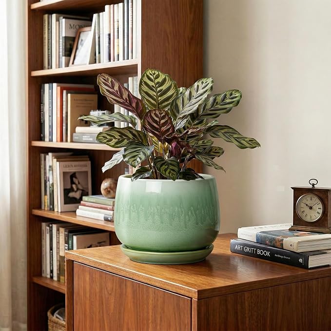 Ceramic Pots for Plants - 7 Inch Planters for Indoor Plants, Round Ceramic Plant Pot with Drainage Hole and Saucer, Decorative Planters, Rustic Home Decor, Plant Gifts for Women, Green
