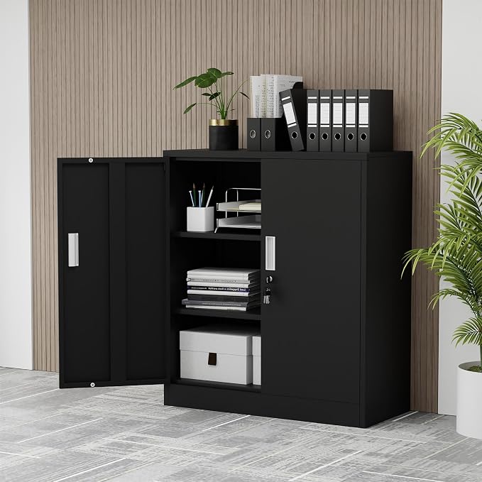 iJINGUR Metal Storage Cabinet with Locking Doors and 2 Adjustable Shelves, Small Lockable Storage Cabinet for Home Office Garage (Black)