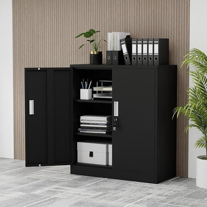 iJINGUR Metal Storage Cabinet with Locking Doors and 2 Adjustable Shelves, Small Lockable Storage Cabinet for Home Office Garage (Black)