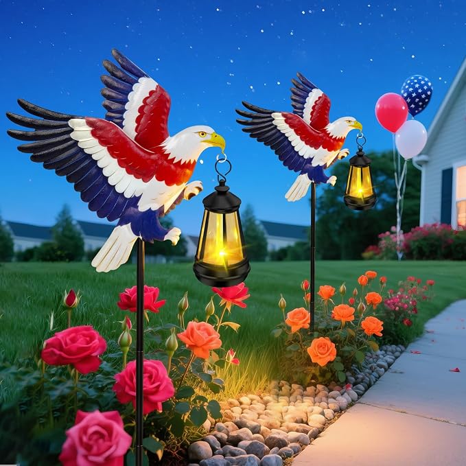 Solar Lights Outdoor Waterproof Eagle Garden Decor,2 Packs 29.9in Metal Eagle with Solar Lights,250th Anniversary America Eagle Patriotic Decorations,Decorative Garden Stakes for Yard Art Patio Porch