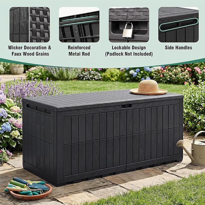 Tangkula 180 Gallon Outdoor Storage Box, Waterproof PP Resin Patio Storage Box with Lockable Lid for Indoor & Outdoor Use, 2-in-1 Rattan Design Deck Box for Cushions, Garden Tools