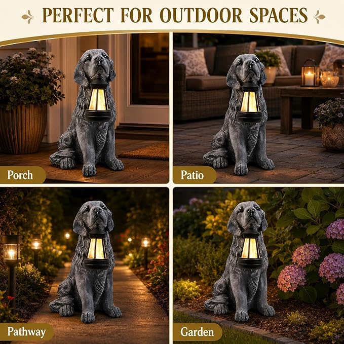 12.2 Inch Large Solar Dog Garden Statue with Lantern, Waterproof Resin Outdoor Puppy Figurine Light for Patio Yard Lawn Pathway Porch, Decorative Solar Lights Gift for Dog Lovers