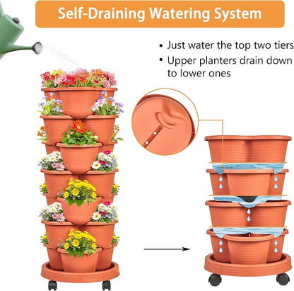 VECELO 7 Tier Vertical Garden Planter, Self Watering Stackable Planters with Wheels for Strawberries, Herbs, Flowers, Vegetables, Red