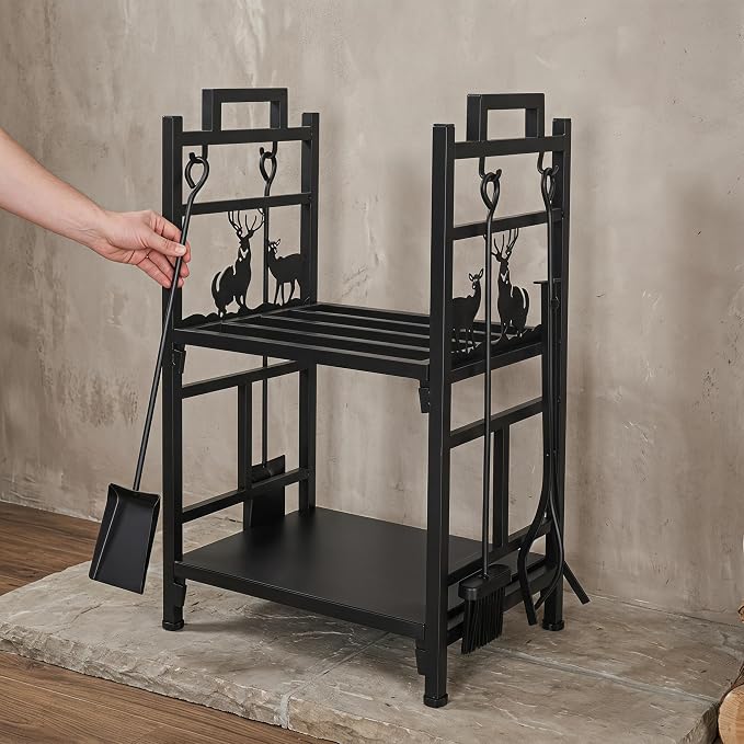 Firewood Rack Outdoor, 18 Inch 2 Tier Firewood Storage Log Rack with Heavy Steel Tube Construction, Wood Rack for Indoor Fireplace & Balcony (Black)