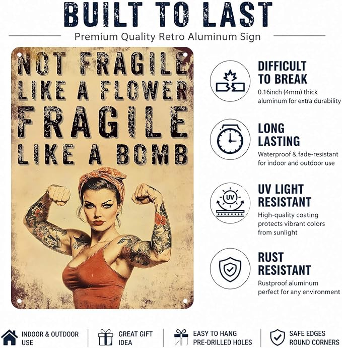 PEACHGARDEN Home Gym Decor for Women, Not Fragile Like a Flower Fragile Like a Bomb Aluminum Metal Sign, Vintage Fitness Girl Wall Decor, Motivational Workout Room Poster for Garage Gym, 8x12 Inch