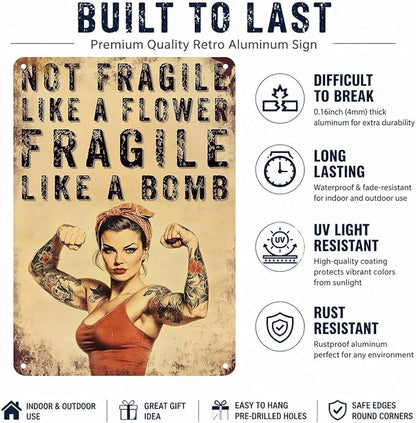 PEACHGARDEN Home Gym Decor for Women, Not Fragile Like a Flower Fragile Like a Bomb Aluminum Metal Sign, Vintage Fitness Girl Wall Decor, Motivational Workout Room Poster for Garage Gym, 8x12 Inch