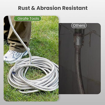 Giraffe Tools Garden Hose 50ft x 3/4", 304 Stainless Steel Metal Water Hose, No Kink Garden Water Hose with 9 Pattern Spray Nozzle, Flexible, Lightweight, Kink Free Hose for Yard, Outdoor