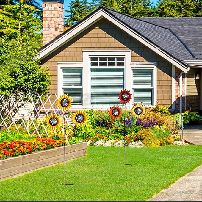 2 Pack Metal Sunflowers Decorative Garden Stakes, 29.5 Inch Outdoor Garden Decor Shaking Head Yard Stakes, Metal Flowers Outdoor Courtyard Art Lawn Terrace Decoration