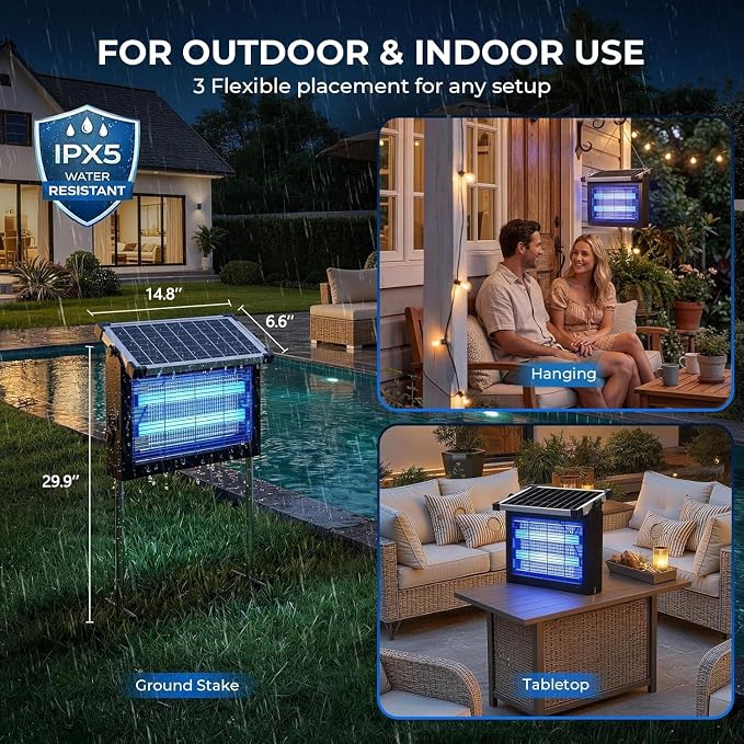 Solar Bug Zapper Outdoor, 4500V Waterproof Mosquito Zapper with 10W Solar Panel, Cordless Rechargeable Electric Fly Zapper, Mosquito Killer Lamp with Auto Sensor for Patio, Backyard, Garden, Camping