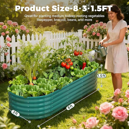 Galvanized Raised Garden Bed, 18" Tall Metal Raised Beds for Gardening | 8x3x1.5ft, Large Planters Boxes for Outdoor Plants Vegetables, Flowers, Herbs & Tomatoes, Above Ground Garden Beds Kit, Green