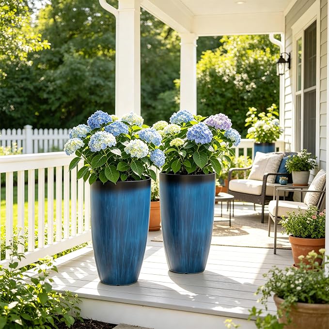 2-Pack 23.75" Cobalt Blue Round Tall Planters with Drainage Holes | Set of 2 PP tall planters with cobalt glaze look, drainage plugs, and UV-treated finish for porch, patio, or entryway