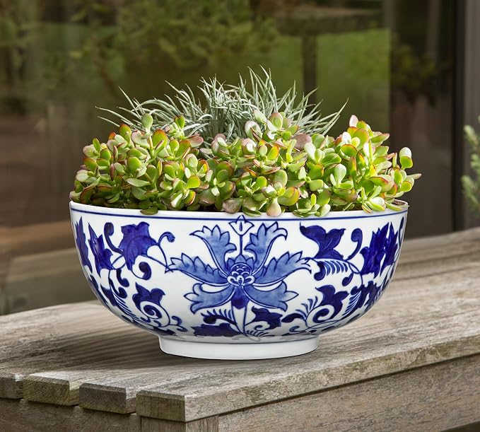 Hollyone Set of 2 Blue and White Vase Porcelain Planters 7 + 9 inch Garden Bowl Modern Ceramic Pots Classic Chinese Floral Vase for Indoor Outdoor Succulents Bonsai Fairy Gardens Herbs