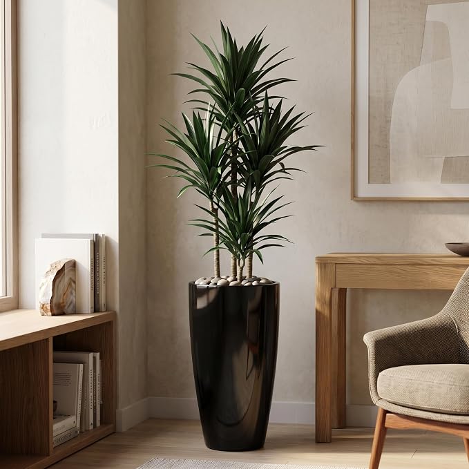 SUN-E Tall Planter for Outdoor Indoor Plants 2Pack, 21Inch Large Gloss Black Planter with Removable Insert Shelf High Glossy Piano Finish Ceramic-Look Tall Flower Pot for Office Lobby Minimalist Decor